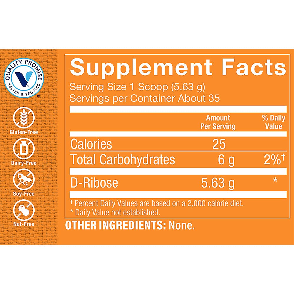 The Vitamin Shoppe D-Ribose Powder - ATP Energy Production & Heart Health | Pure 5-Carbon Sugar | 200g 40 Servings | Unflavored