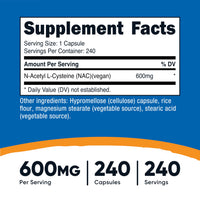Thumbnail for Nutricost N-Acetyl L-Cysteine (NAC) 600mg, 240 Vegetarian Capsules - Vegan, Non-GMO, Gluten Free