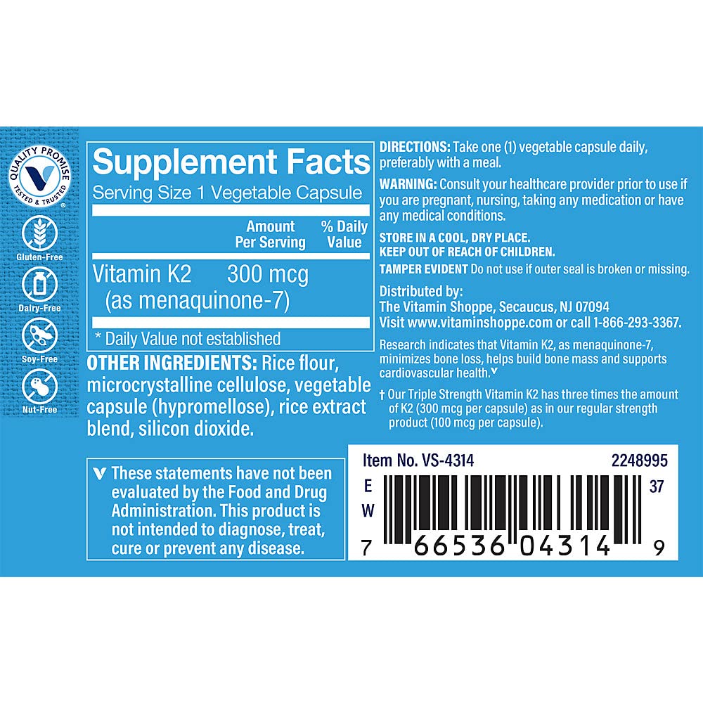 The Vitamin Shoppe Vitamin K2 MK-7 300mcg Triple Strength - Bone & Heart Health | Menaquinone-7 | 60 Vegetable Capsules | High Potency