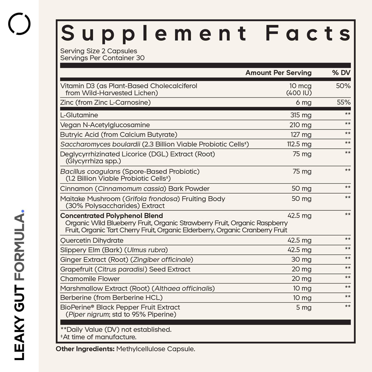 Codeage Leaky Gut Supplement, L-Glutamine, N-Acetylglucosamine, Probiotic, Butyric Acid, Polyphenols, Quercetin, DGL, Marshmallow Root, Berberine, BioPerine, Cinnamon, Vegan, Non-GMO, 60 Capsules