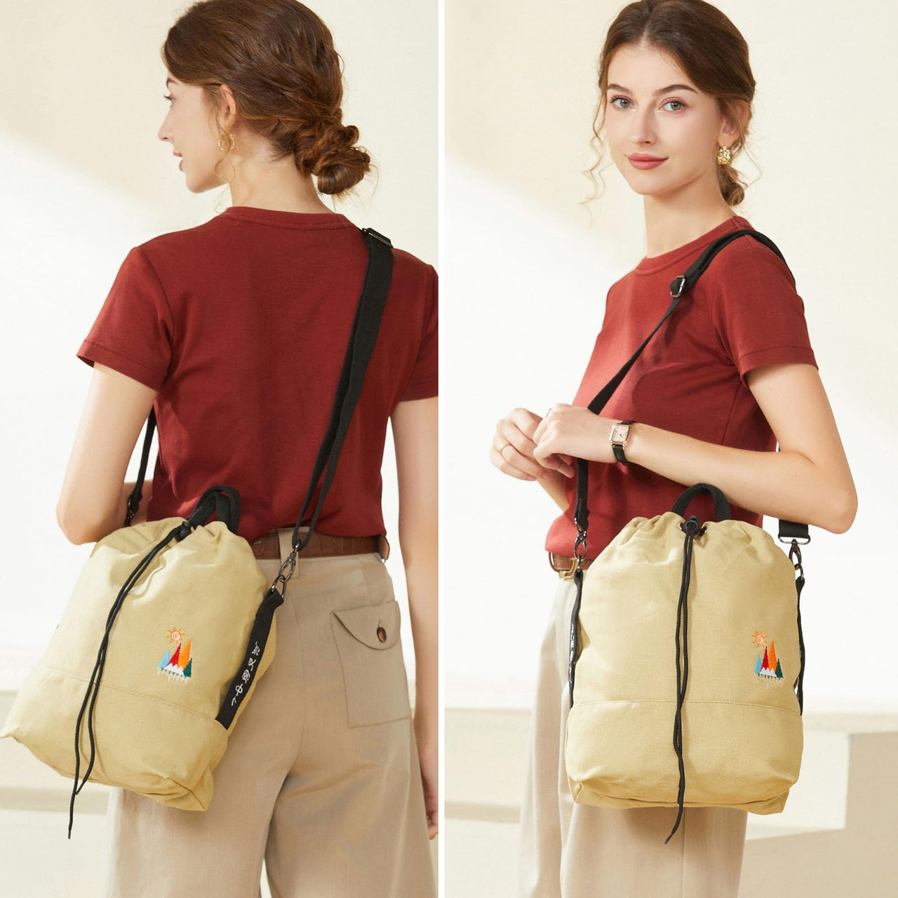 Women Casual Canvas Shoulder Bags, Sunshine Embroidery Cross Body Bag Top Handbag (Khaki)