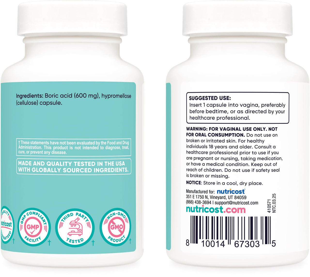 Nutricost Boric Acid 600mg, 30 Capsules - Vaginal Suppository - Non-GMO - for Women