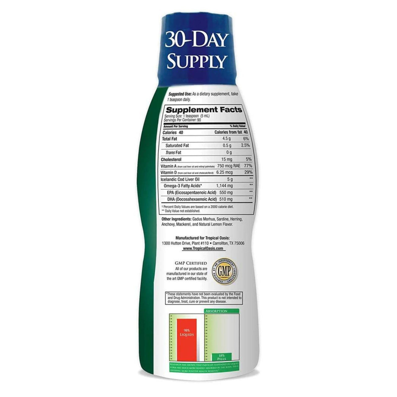 Tropical Oasis - Icelandic Cod Liver Oil | Maximum Strength 1144mg of Liquid Wild-Caught Natural Omega-3 Fish Oil (Lemon Flavor, 90 Servings)