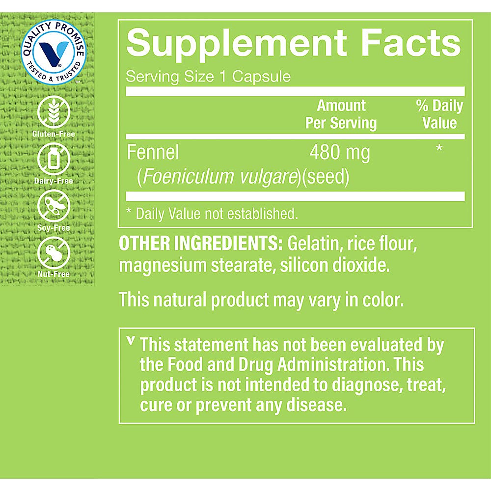 The Vitamin Shoppe Fennel Seed 480MG (Foeniculum Vulgare Seed), Herbal Supplement for Digestive Support & Intestinal Health (100 Capsules)