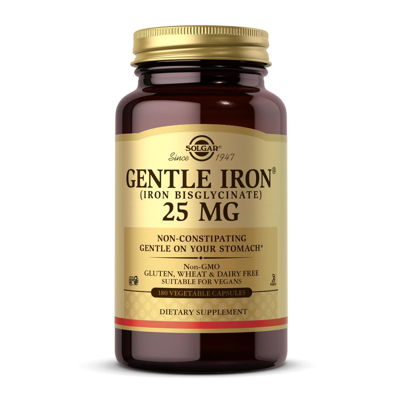 Solgar Gentle Iron, 180 Vegetable Capsules - Ideal for Sensitive Stomachs - Non-Constipating - Red Blood Cell Supplement - Non GMO, Vegan, Gluten Free, Dairy Free, Kosher - 180 Servings