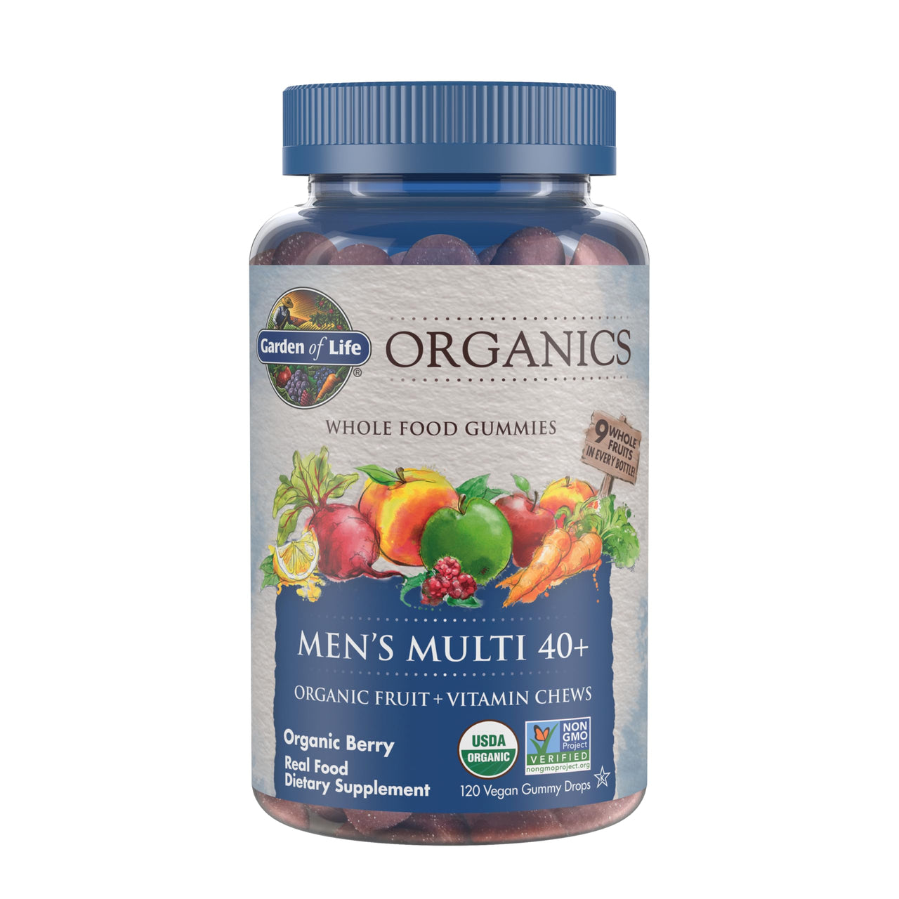 Garden of Life Organics Men 40+ Gummy Vitamins - Berry - Certified Organic, Non-GMO, Vegan, Kosher Complete Multi - Methyl B12, C & D3 - Gluten, Soy & Dairy Free, 120 Real Fruit Gummies