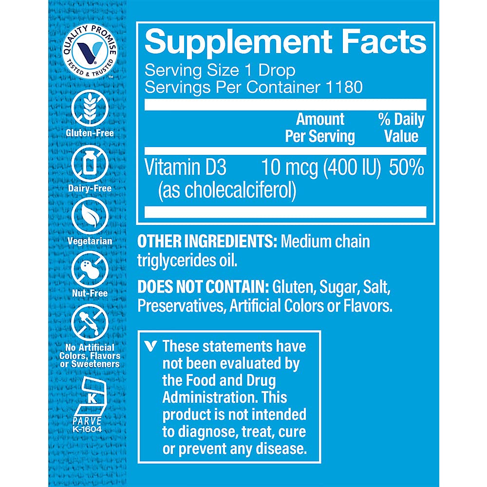 The Vitamin Shoppe Children's Vitamin D3 400 IU Liquid Drops - Bone & Immune Support | Cholecalciferol | 1 oz | Easy Absorption