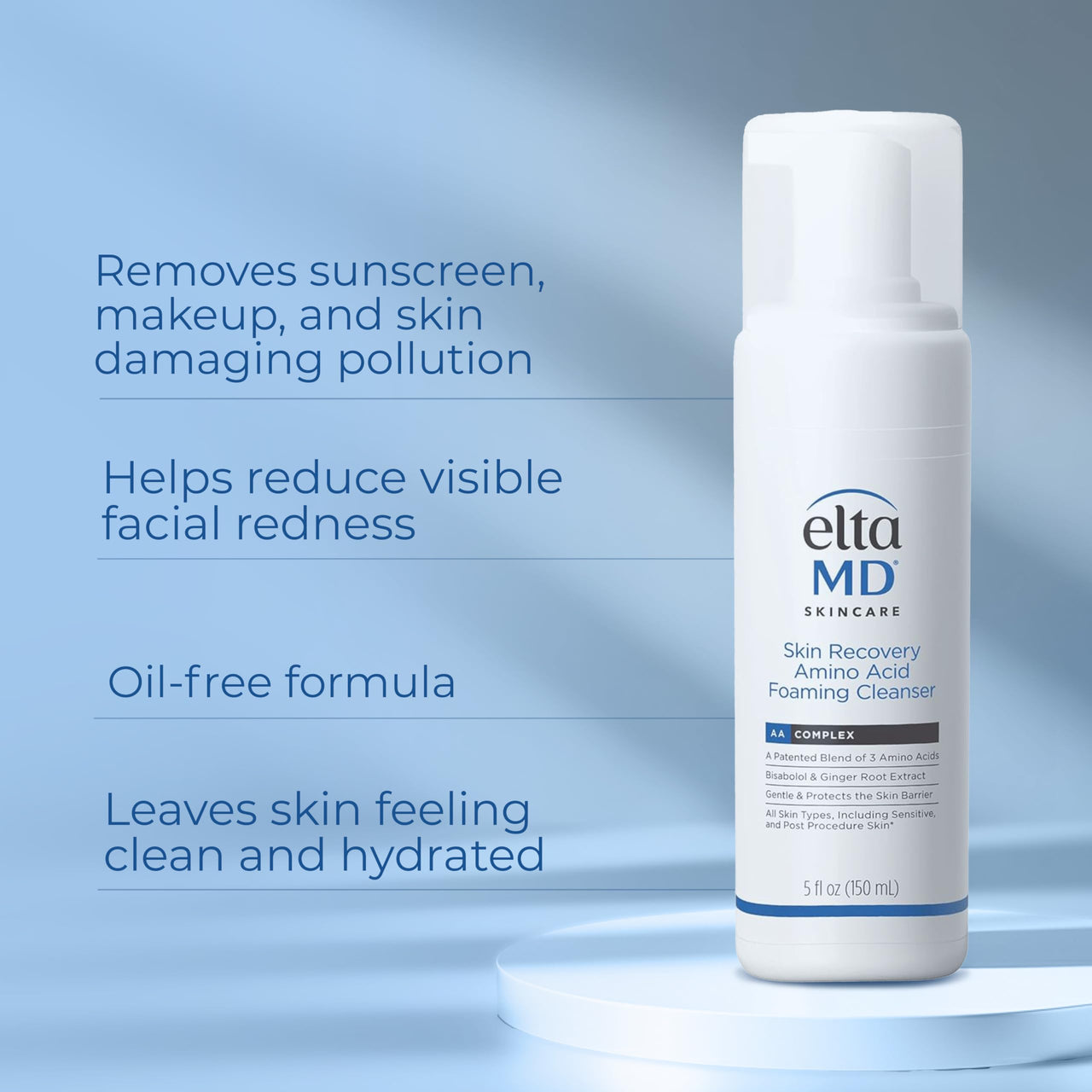 EltaMD Skin Recovery Amino Acid Foaming Cleanser, Gentle Face Cleanser for Sensitive Skin, Proven to Gently Remove Makeup and Sunscreen,Fragrance Free and Noncomedogenic, Foaming Face Wash, 5 oz