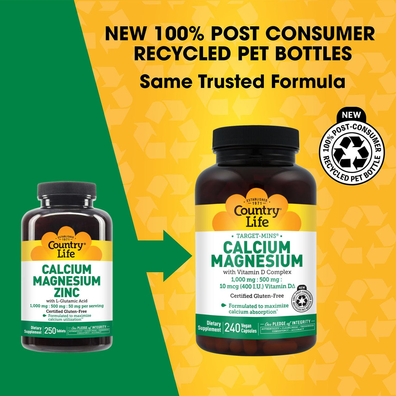 Country Life Calcium Magnesium Zinc with L-Glutamic Acid, Dietary Supplement for Bone Support, Certified Gluten Free , 1000mg/500mg/50mg, 250 Tablets