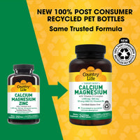 Thumbnail for Country Life Calcium Magnesium Zinc with L-Glutamic Acid, Dietary Supplement for Bone Support, Certified Gluten Free , 1000mg/500mg/50mg, 250 Tablets