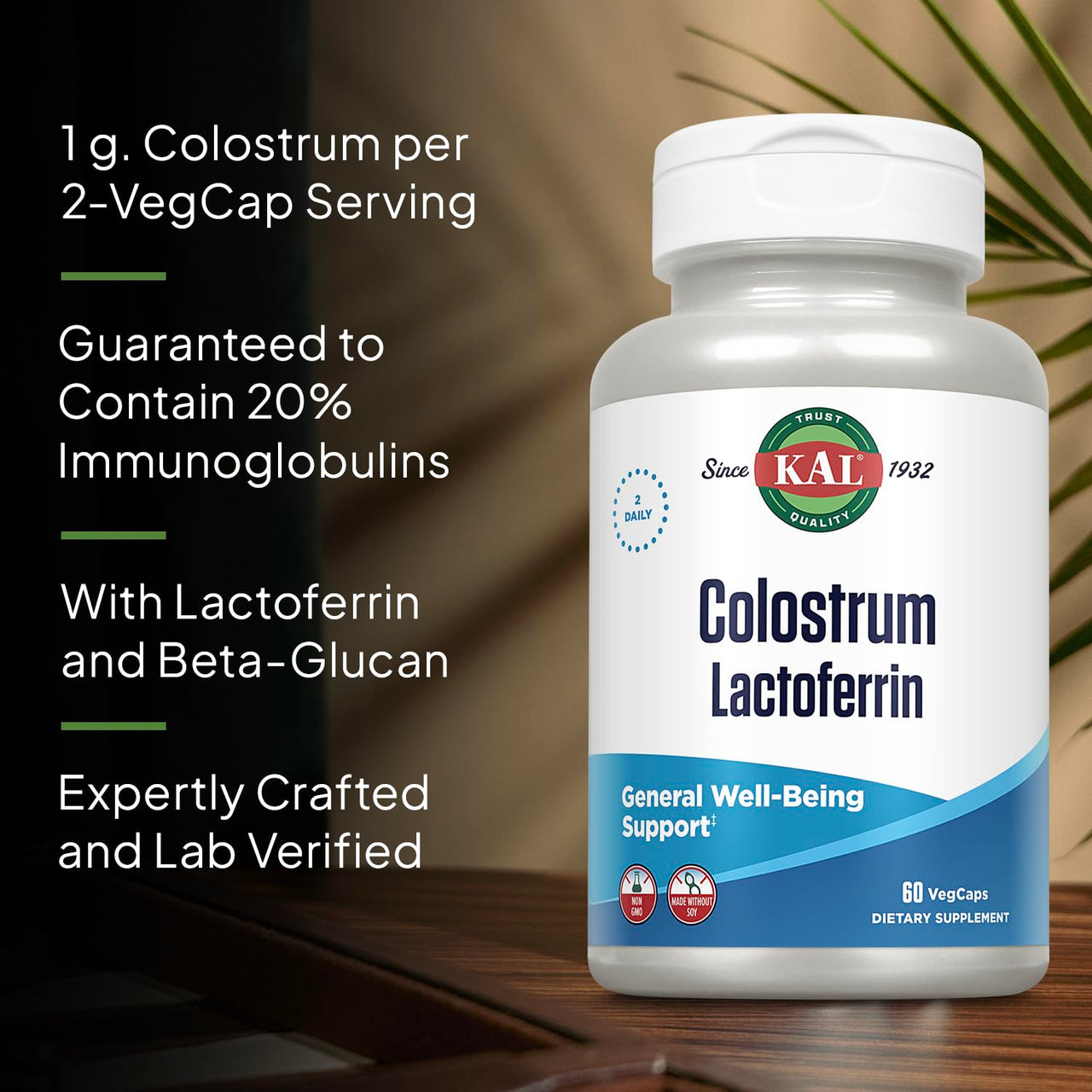 KAL Colostrum Lactoferrin, 20% Immunoglobulins | Lactoferrin & Beta Glucan | Healthy Immune Support | 30 Serv | 60 Caps