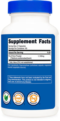 Thumbnail for Nutricost PAU D'Arco Inner Bark 1100mg, 120 Vegetarian Capsules (60 Serv) - Non-GMO & Gluten Free