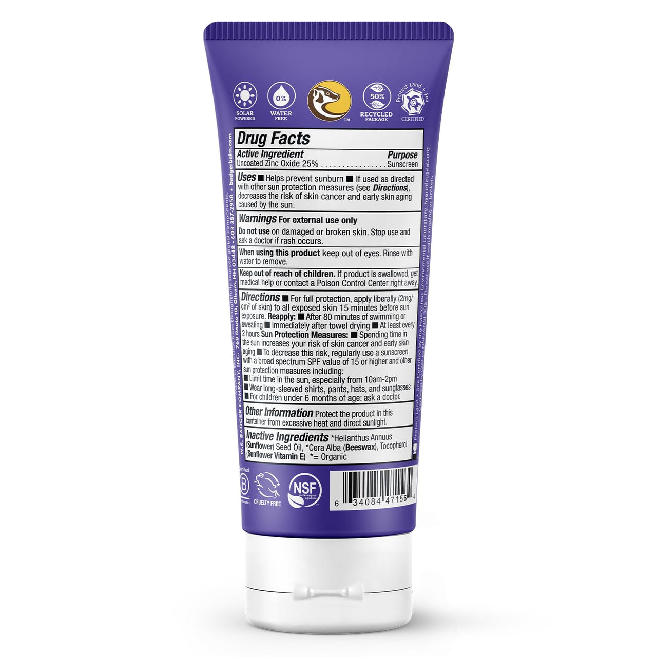 Badger Biodegradable Reef Safe Sunscreen, SPF 50 Unscented Zinc Oxide Sunscreen, 98% Organic Ingredients, Water Resistant Adventure Sport Sunblock, 2.9 fl oz, 2-Pack