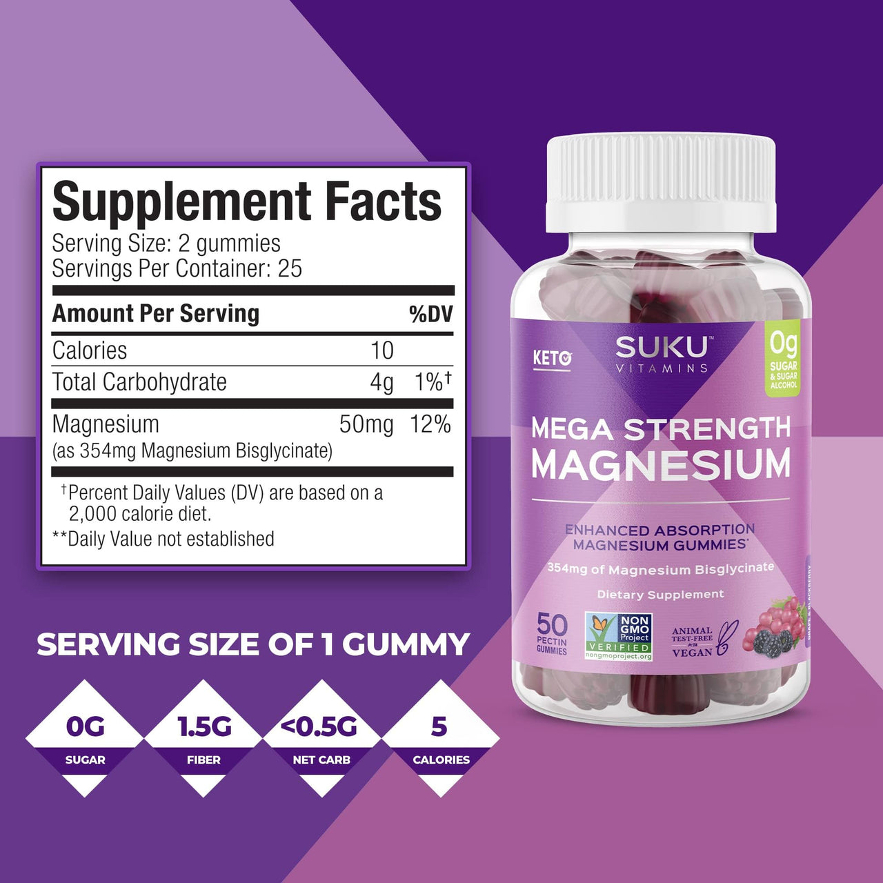 SUKU Vitamins - Mega Strength Magnesium - 177 mg of Magnesium Bisglycinate Gummies for Muscle Function - Easy to Chew - Non GMO, Gluten Sugar Free - Grape BlackBerry Flavored Gummy Vitamins (50 Count)