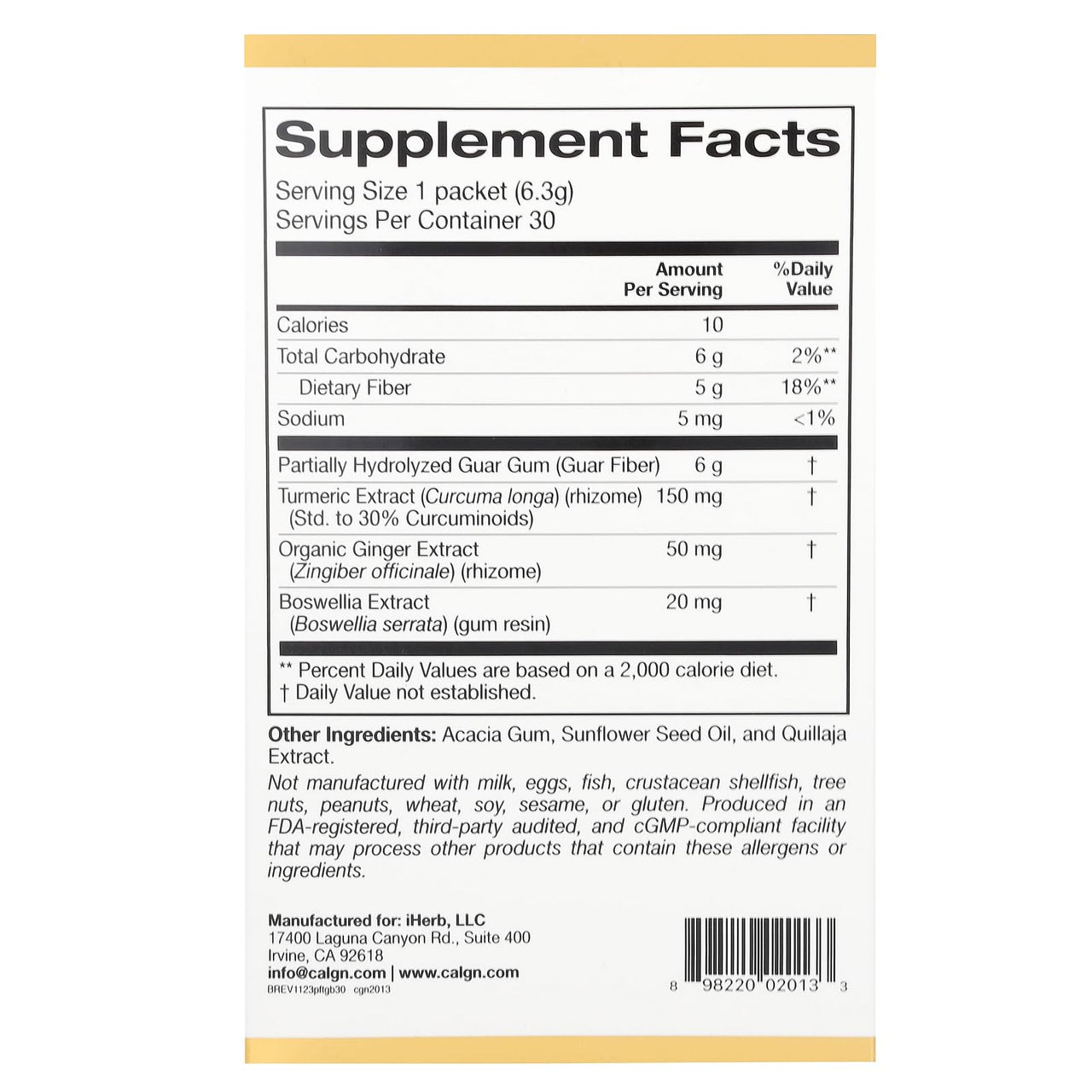 California Gold Nutrition Prebiotic Fiber Plus Turmeric Extract, Organic Ginger Extract and Boswellia Extract, 30 Packets, 0.22 oz (6.3 g) Each