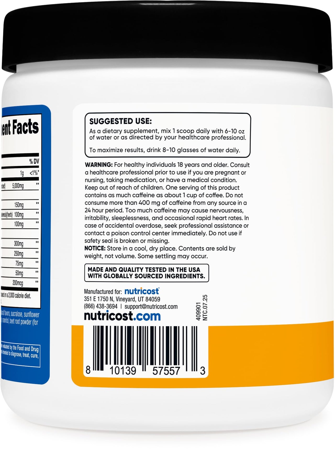 Nutricost Creatine + Energy 30 Servings (Peach Mango Flavored) - 5,000mg Creatine Monohydrate + 350mg Energy Complex Per Serving