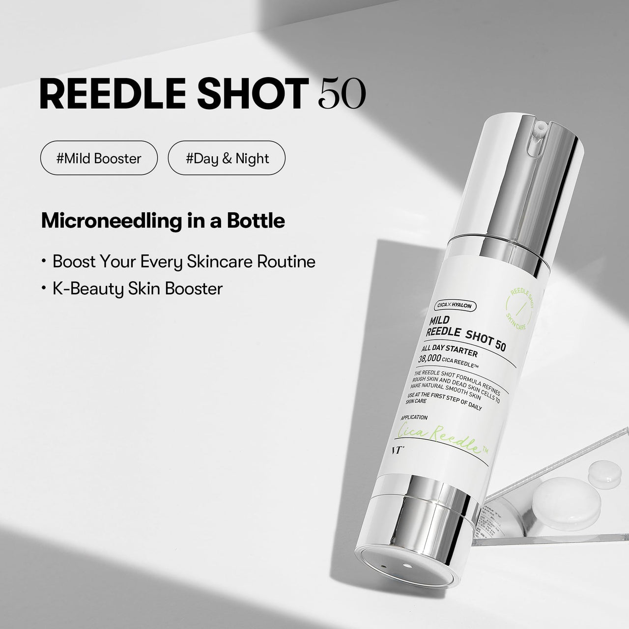 VT COSMETICS CICA Reedle Shot 50, Day&Night Mild Exosome, Microneedling Serum, Centella Asiatica, Hyaluronic Acid, Exfoliation, Soft Skin, Regeneration, Glass Skin, Korean Skin Booster 1.69Fl Oz(50ml)