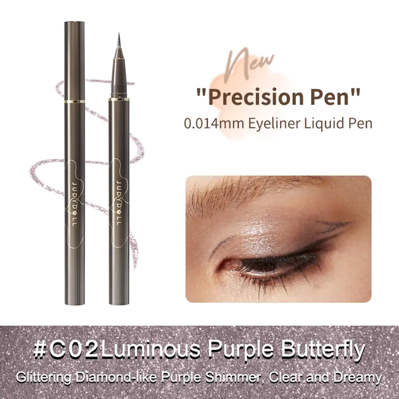 Judy Doll Liquid Eyeliner, Halloween Ultra Fine Liquid Eyeliner Waterproof with Smooth Strong Fibres, Smudge-proof, Longwearing, Smooth Eye Liners with Ultra-Fine Tip (#C02 Luminous Purple Butterly)