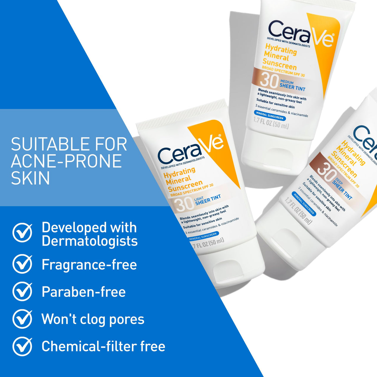 CeraVe Hydrating Mineral Sunscreen SPF 30 with Sheer Tint, Tinted Mineral Sunscreen with Zinc Oxide & Titanium Dioxide, Blends Seamlessly For Healthy Glow, Light, 1.7 Oz