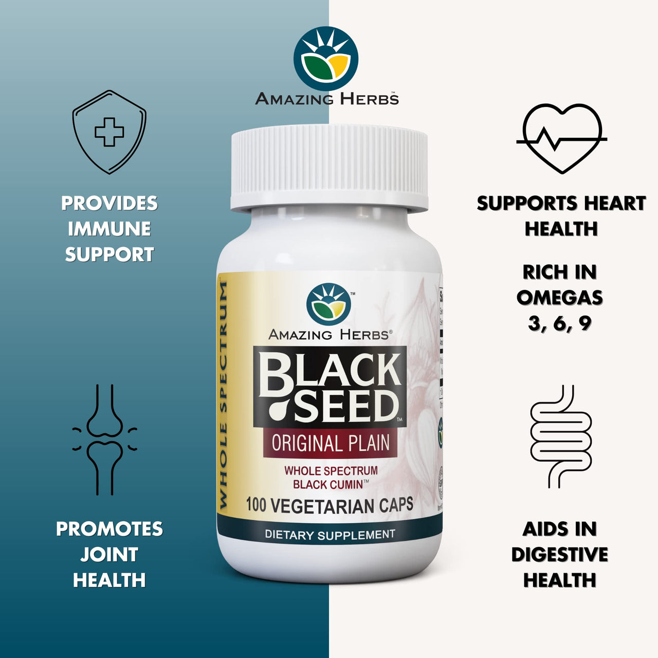 Amazing Herbs Whole Spectrum Black Seed Original Plain, Vegetarian Capsules - Gluten Free, Non GMO, Cold Pressed Nigella Sativa Aids in Digestive Health - 100 Count, 475mg