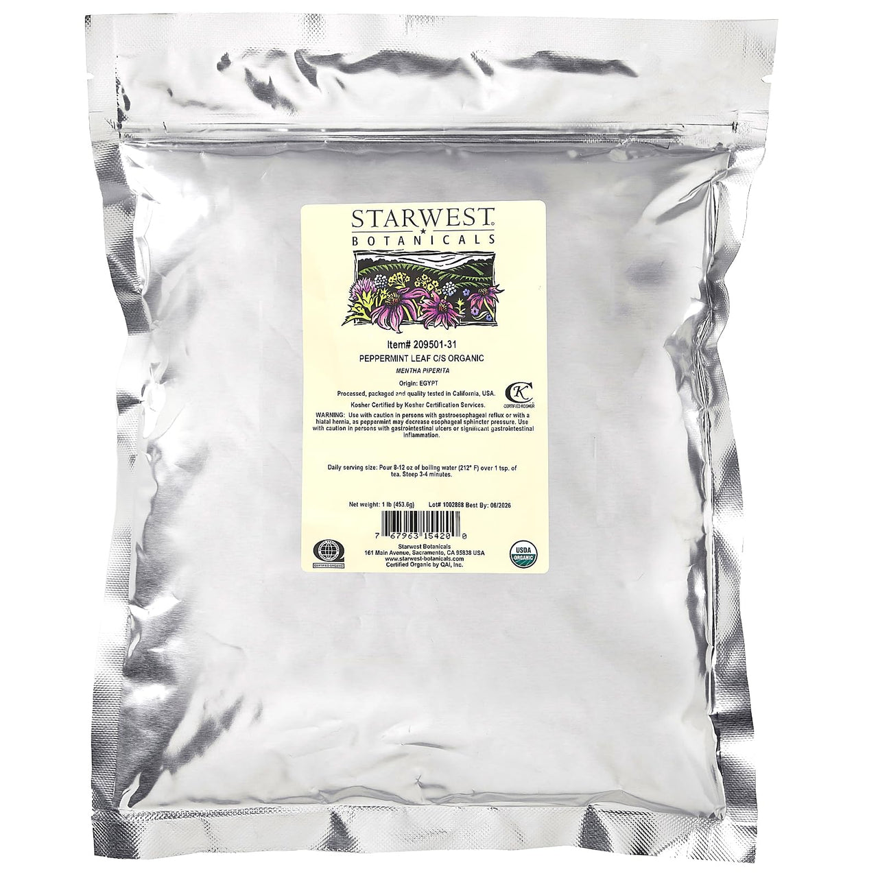 Starwest Botanicals Organic Peppermint Leaf, Cut & Sifted, 1 lb (453.6 g)