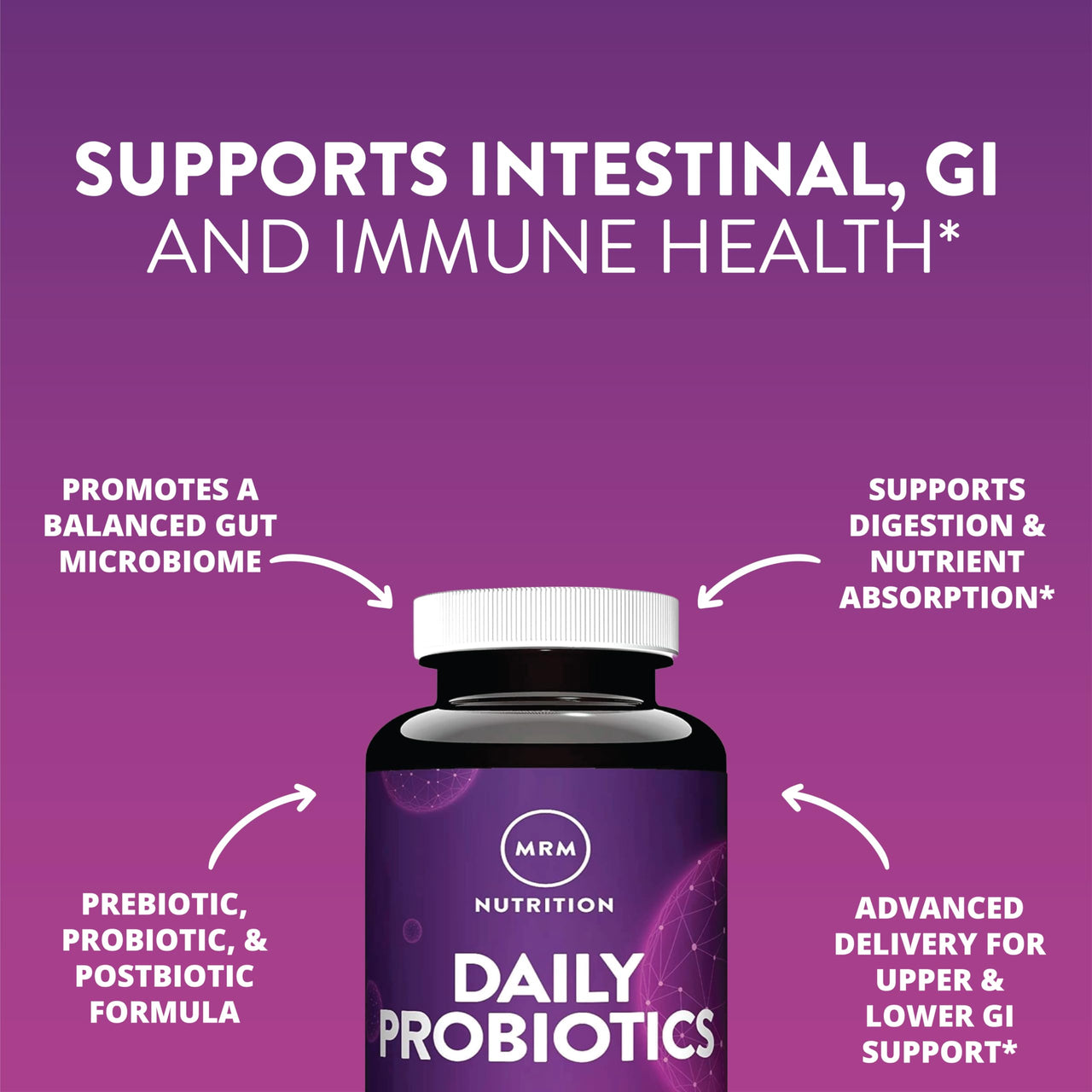 MRM Nutrition Daily Probiotics - Supports Intestinal, GI, & Immune Health for Women & Men, Prebiotic, Probiotic, & Postbiotic Supplement, 5 Billion Cells & 16 Different Strains, Vegan - 30 Servings