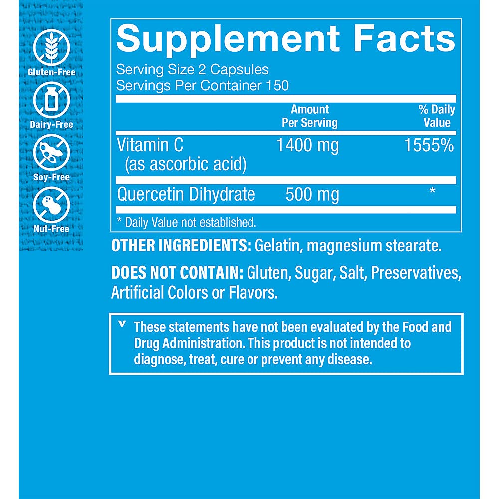 The Vitamin Shoppe Quercetin + Vitamin C, Citrus Free, Antioxidant That Supports A Healthy Immune for All Seasons (300 Capsules)