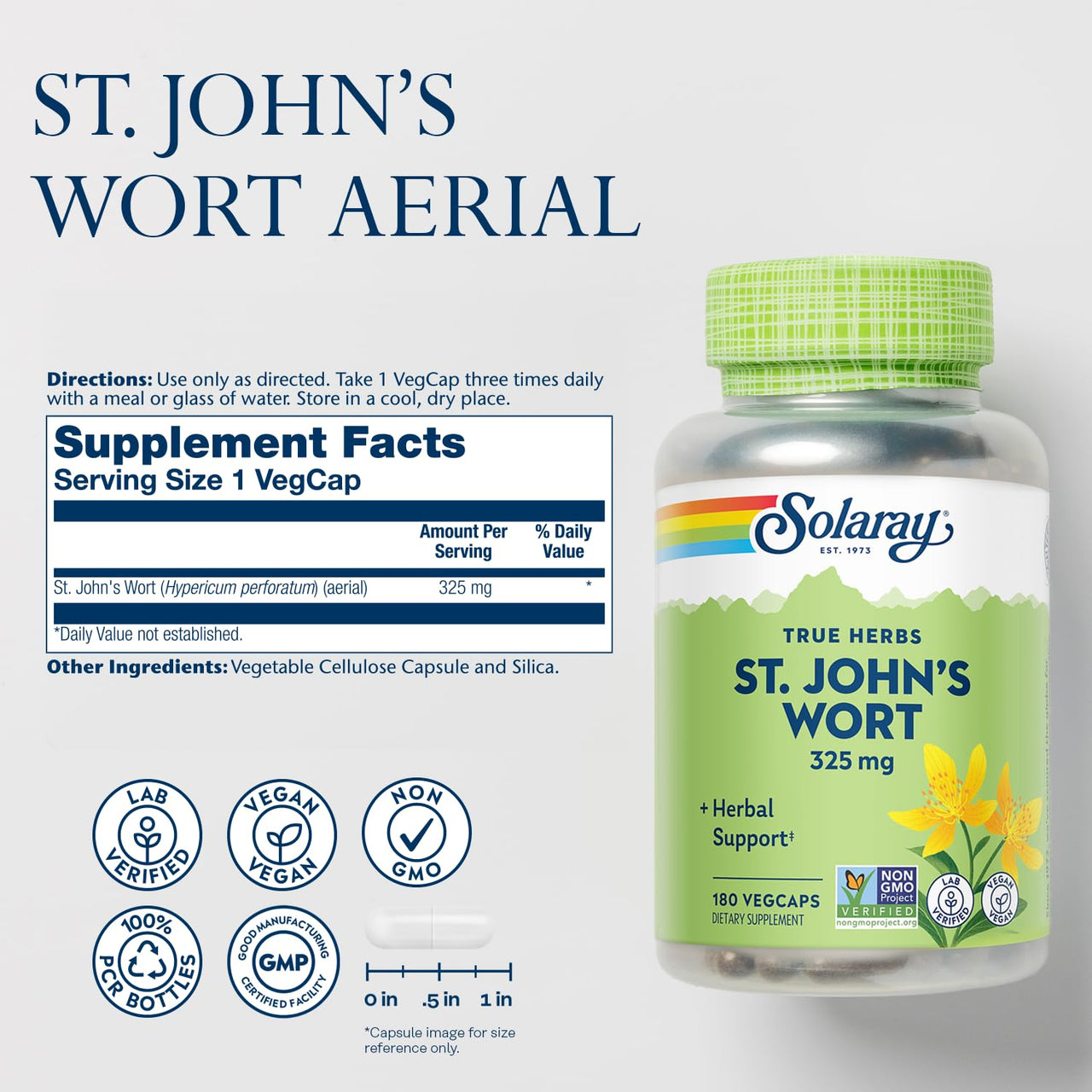 SOLARAY St Johns Wort 325 mg Whole Aerial - Health and Mood Support Supplement - 60-Day Money Back Guarantee - Non-GMO, Vegan, Lab Verified (180 VegCap, 180 Servings)