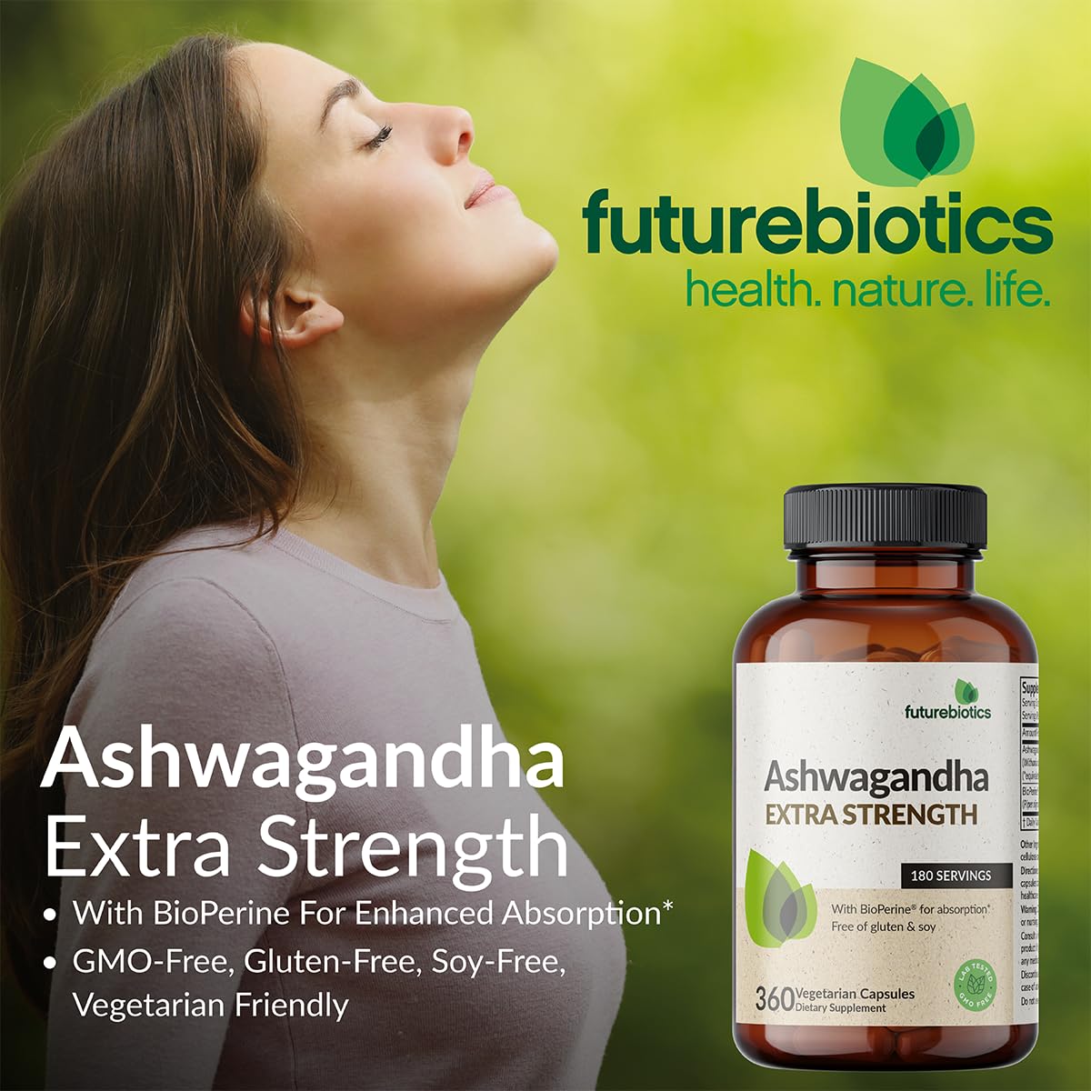 Futurebiotics Ashwagandha Extra Strength Stress & Mood Support with BioPerine - Non GMO Formula, 200 Vegetarian Capsules