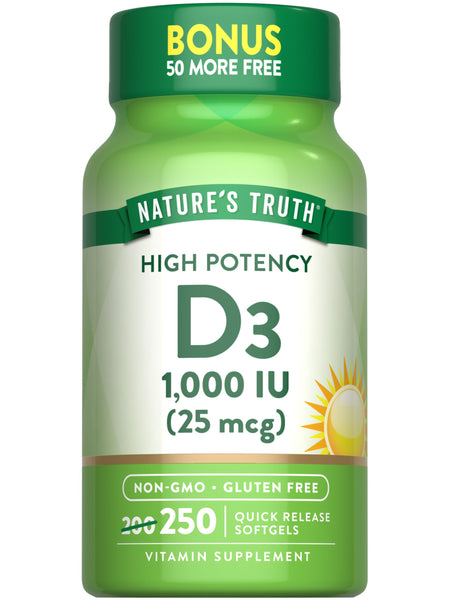 Nature's Truth D3 1000 IU | 250 Softgels | Essential Vitamin D | Non-GMO & Gluten Free Supplement