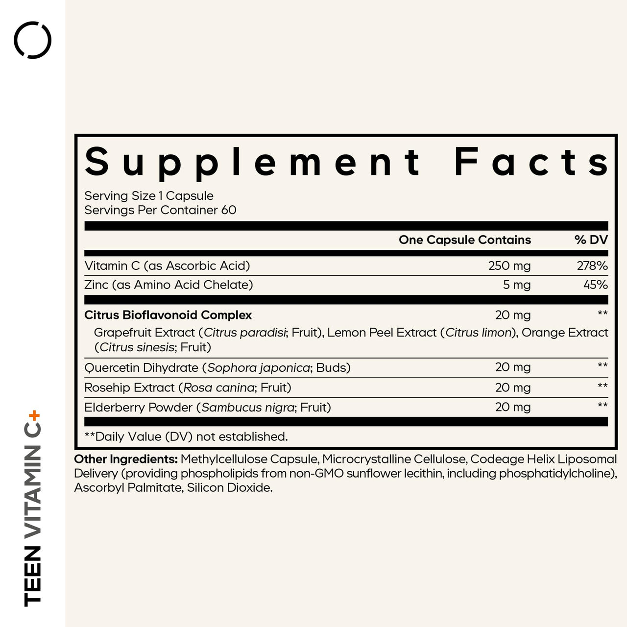 Codeage Teen Vitamin C+ Supplement - Liposomal 250mg Vitamin C for Teenagers - Quercetin, Zinc, Elderberry & Rosehip Extracts, Citrus Bioflavonoids - Ages 12-18 - Gluten-Free, Non-GMO - 60 Capsules