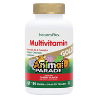 Thumbnail for NaturesPlus Animal Parade Gold Children's Chewable Multivitamin - Natural Cherry Flavor - 120 Animal Shaped-Tablets - with Vitamin D3, K2 & Probiotics - Vegetarian & Gluten Free - 60 Servings.