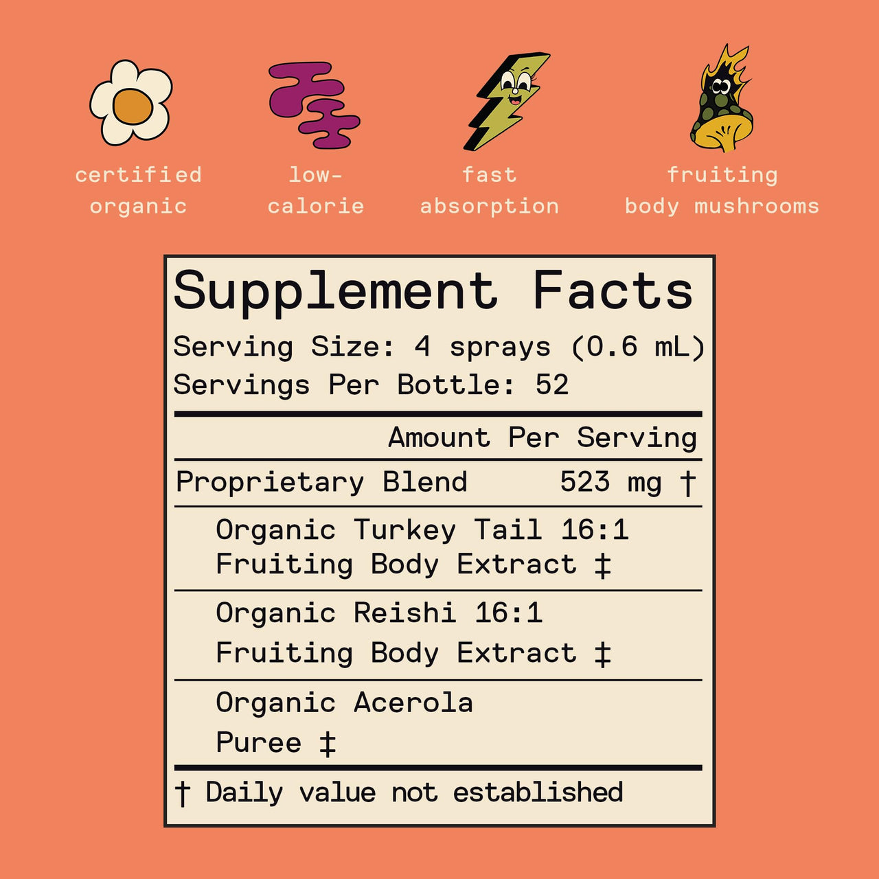 SuperMush Daily Immunity Mouth Spray Organic - Mushroom Immunity Spray Supplements - Turkey Tail & Reishi Mixed Mushrooms Extract - Immune & Digestive Health Support - 30ml Pure & Organic Turkey Tail