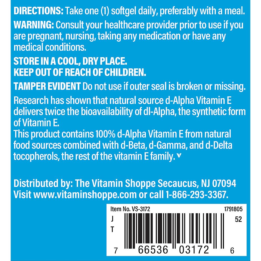 The Vitamin Shoppe Vitamin E 400IU - Antioxidant Support for Skin Health & Immune Function, Daily Vitamin (240 Softgels)