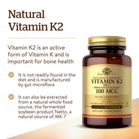 Thumbnail for Solgar Naturally Sourced Vitamin K2 (MK-7) 100 mcg - 50 Vegetable Capsules - Supports Bone Health - Whole Food Source from Natto Extract - Non-GMO, Gluten Free - 50 Total Servings