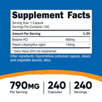 Thumbnail for Nutricost Betaine HCl + Pepsin 790mg, 240 Capsules - Vegetarian & GMO Free