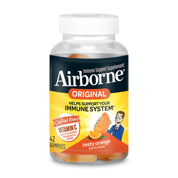 Airborne Vitamin C 750mg (per Serving) Zesty Orange Flavored Gummies (42 Count in a Bottle), Gluten-Free Immune Support Supplement with Vitamins A C E, Selenium, Echinacea, Ginger, Antioxidant