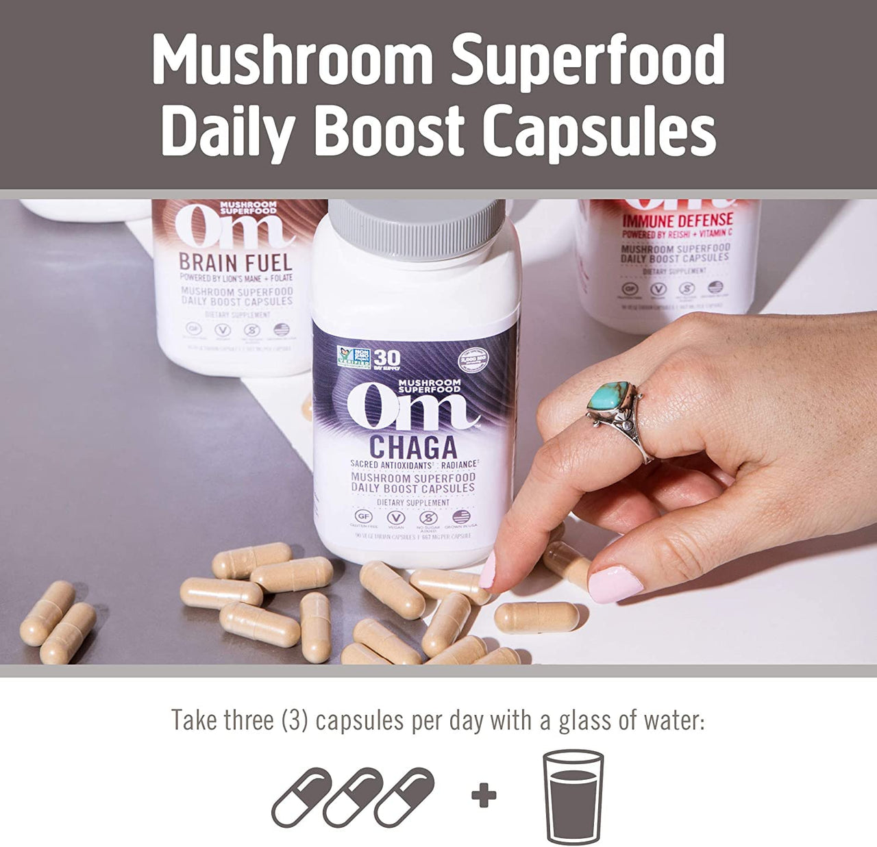 Om Mushroom Superfood Chaga Mushroom Capsules Supplement, Sacred Antioxidants & Immune Support, 90 Count, 30 Days