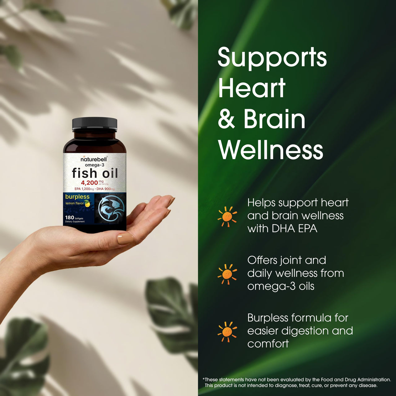 NatureBell Omega-3 Fish Oil - 180 Softgels - Support for Joint, Brain & Heart Health* - with EPA & DHA - No Burps or Fishy Aftertaste - Non-GMO & Mercury-Free Formula - Lemon Flavor