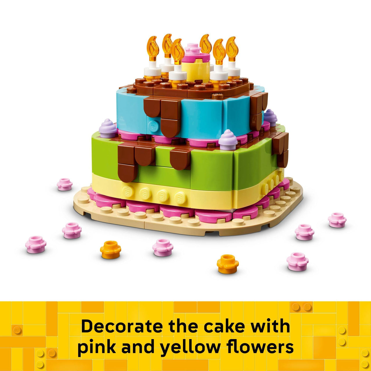 LEGO Birthday Party Cake - Building Toy for Boys & Girls, Ages 7+ - Birthday Decoration with 10 Candle Accessories - Craft for Kids - 40815