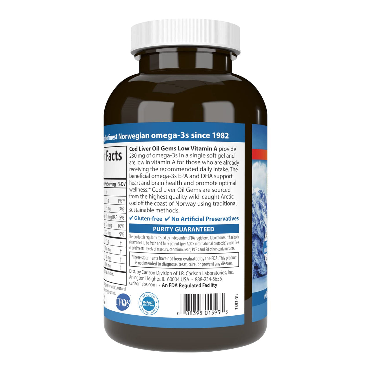 Carlson - Cod Liver Oil Gems, Low Vitamin A, 230 mg Omega-3s, Norwegian, Wild Caught, Sustainably Sourced, 300 Softgels