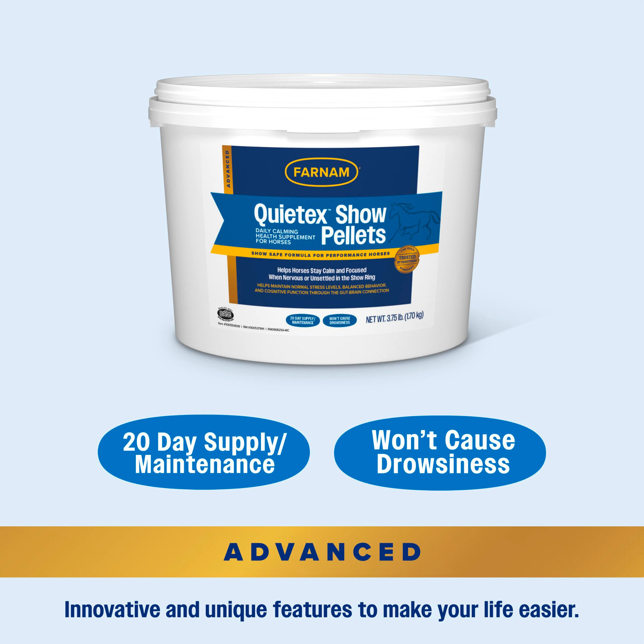 Farnam Quietex Show Pellets, Horse Calming Supplement and Focus Support, Show Safe Horse Calming Magnesium Supplement with Omega Fatty Acids, Helps Manage Behavior & Stress Relief for Horses, 3.75 lbs