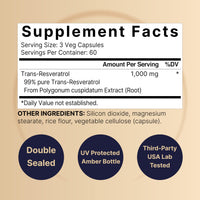 Thumbnail for NatureBell Resveratrol - 180 Vegetarian Capsules - 1,000mg Polygonum Cuspidatum Extract - Antioxidant Support - Heart, Brain & Immune Wellness*