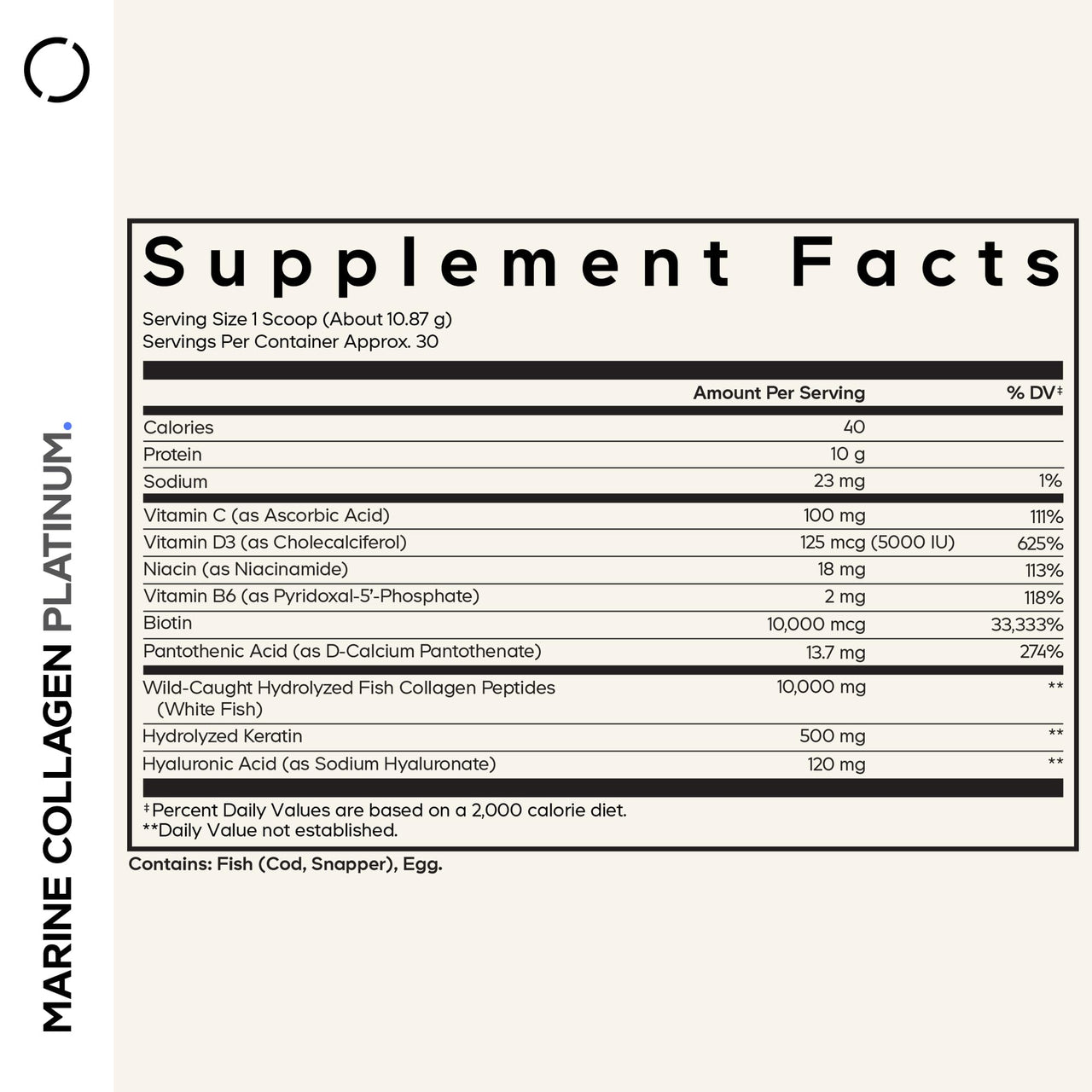 Codeage Marine Collagen Protein Powder Supplement Platinum - Biotin 10,000 mcg, Vitamin C, D3 & B6, Keratin, Hyaluronic Acid, Niacin, Wild Caught Hydrolyzed Fish Collagen Peptides - Non-GMO - 11.50 oz