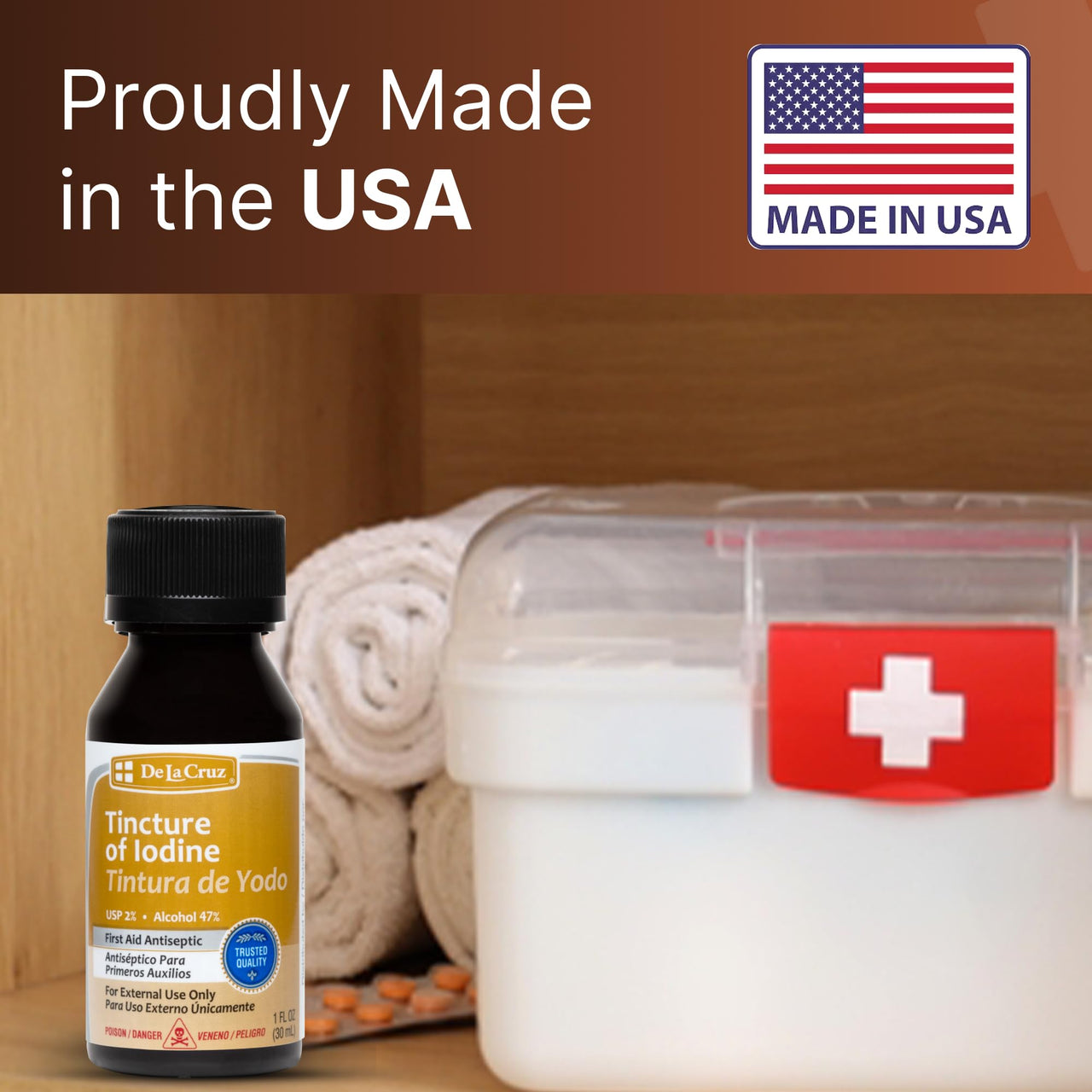 De La Cruz 2% Iodine First Aid Antiseptic, Made in USA 1 FL OZ (1 Bottle)
