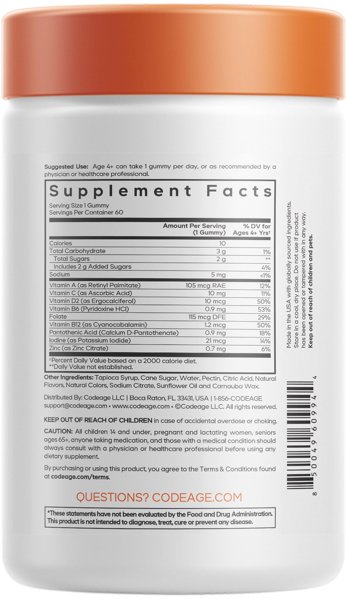 Codeage Kids Multivitamin Gummies Supplement - Vitamins A, C, D2, B6, B12, Zinc, Folate, Iodine - 2-Month Supply Children's Vitamins - Non-GMO, Gluten-Free, Dairy-Free - Mixed Fruits - 60 Gummies