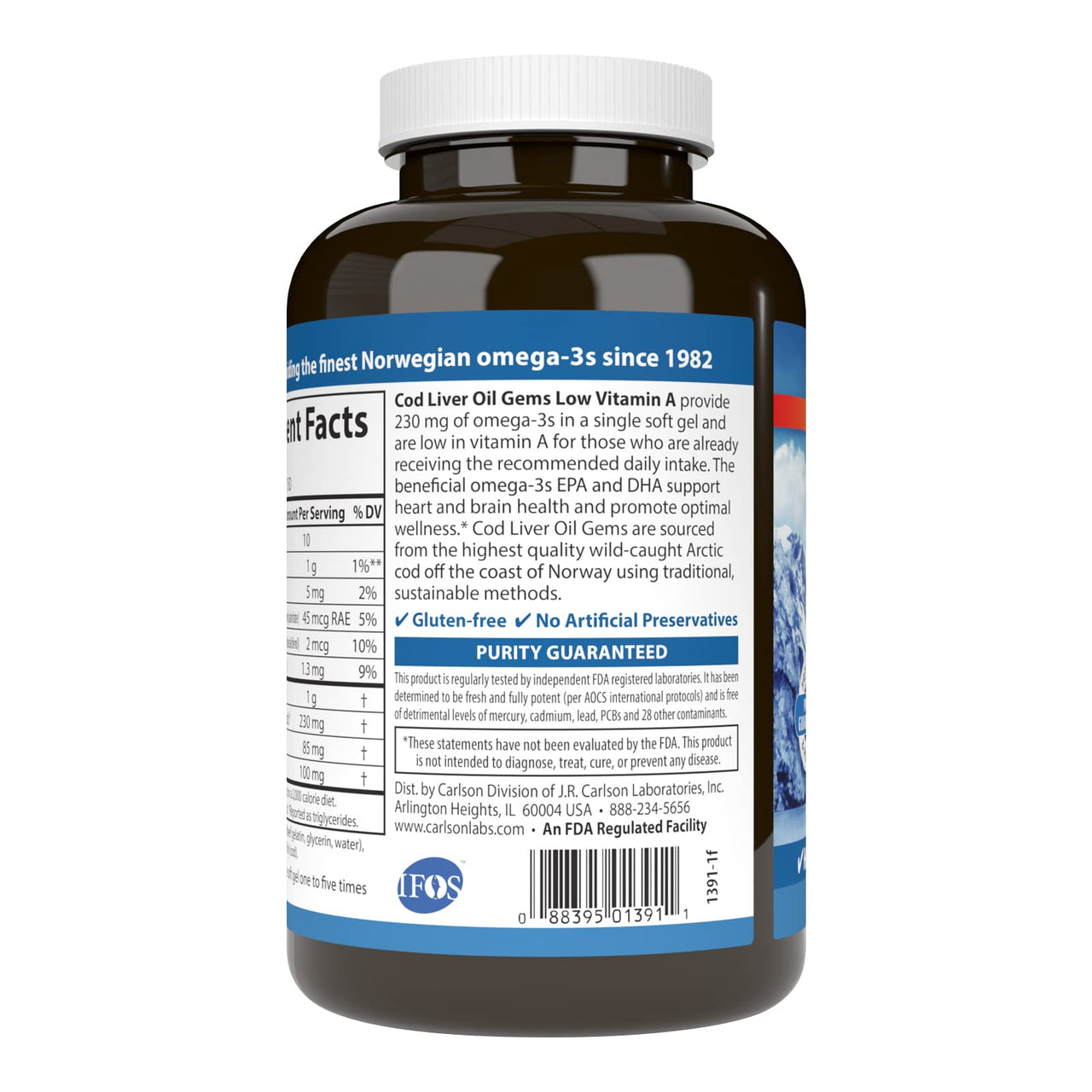 Carlson - Cod Liver Oil Gems, Low Vitamin A, 230 mg Omega-3s, Norwegian, Wild Caught, Sustainably Sourced, 150 Softgels