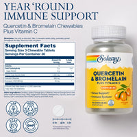 Thumbnail for SOLARAY Quercetin with Bromelain and Vitamin C Chewables - Immune Support Supplement - Immune Defense and Heart Health Complex with 1250mg Vit C, Natural Orange Flavor, 60-Day Guarantee, 30 Serv, 90ct