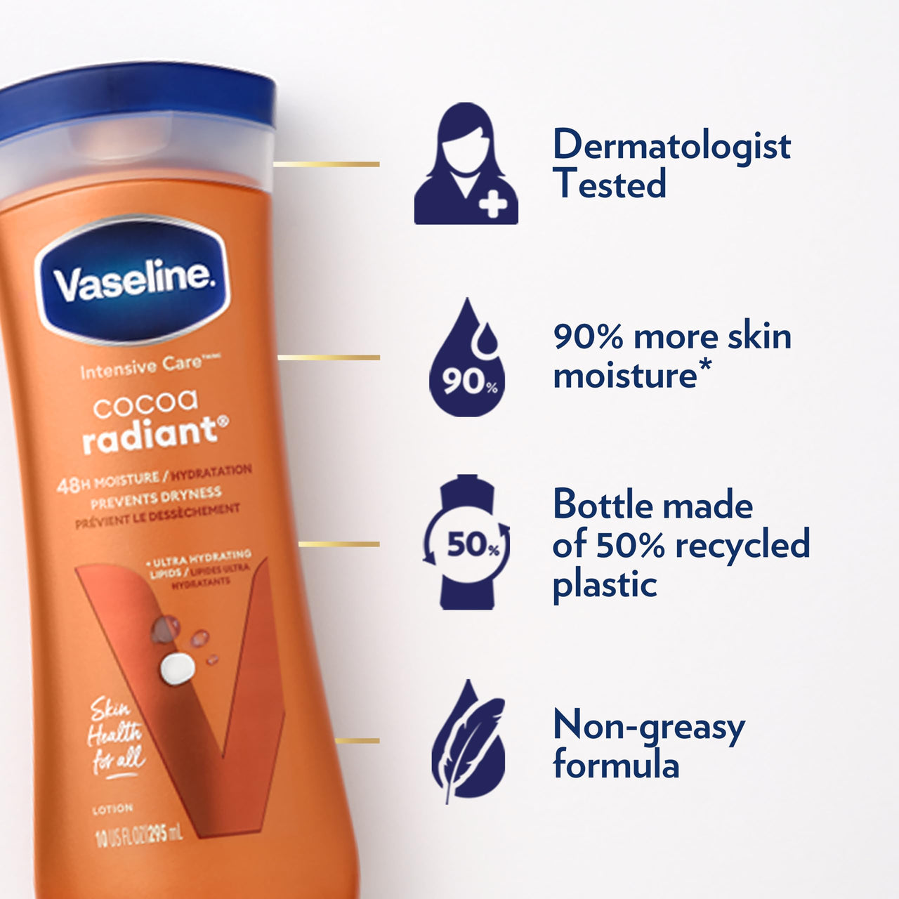 Vaseline Cocoa Radiant 3-Pack – Intensive Care Moisturizing Hand and Body Lotion with Ultra-Hydrating Lipids, Pure Cocoa Butter, 10 Oz Ea