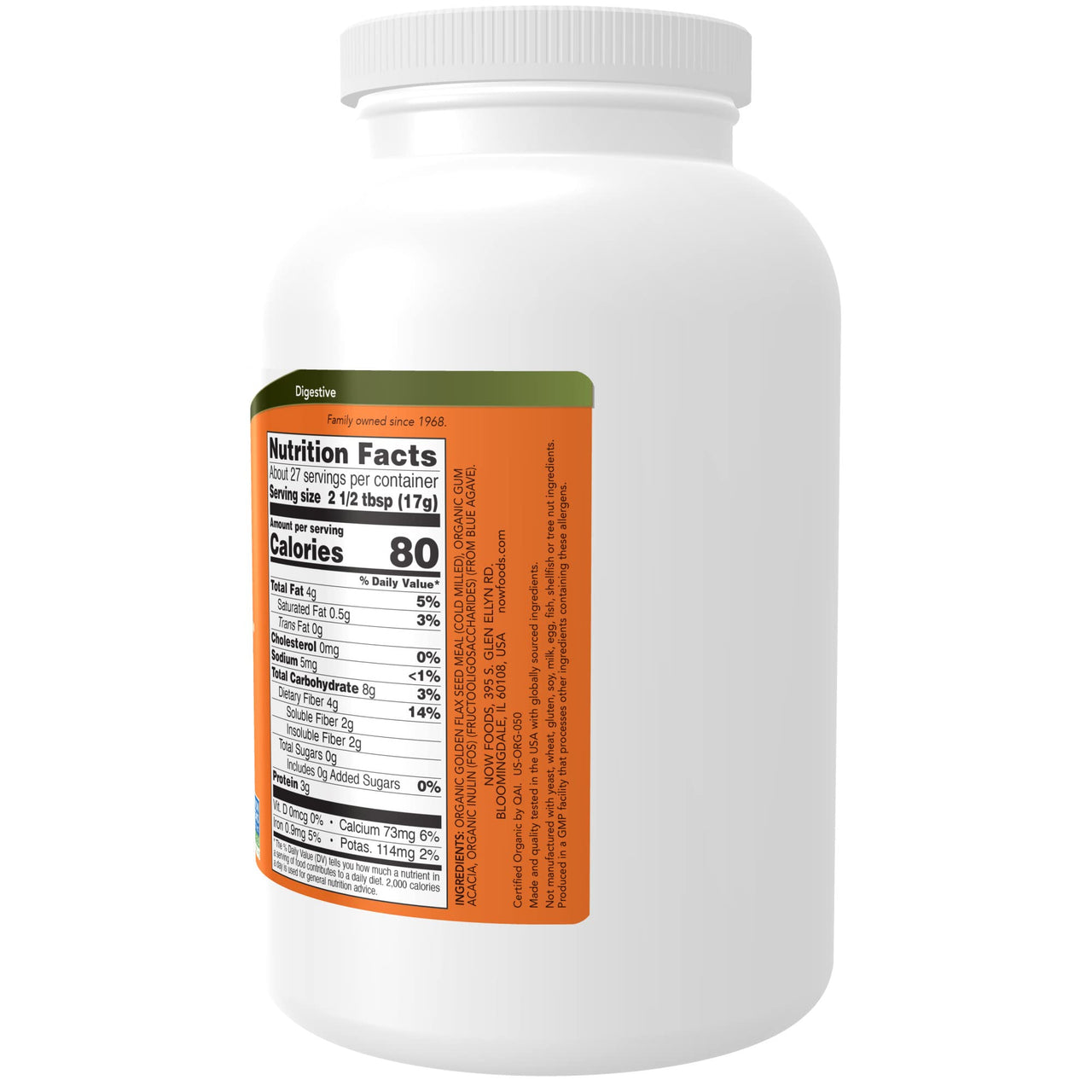 NOW Supplements, Fiber-3, Certified Organic, Non-GMO Project Verified, Psyllium Free, with Organic Golden Flax Meal, Acacia & Inulin, 16-Ounce